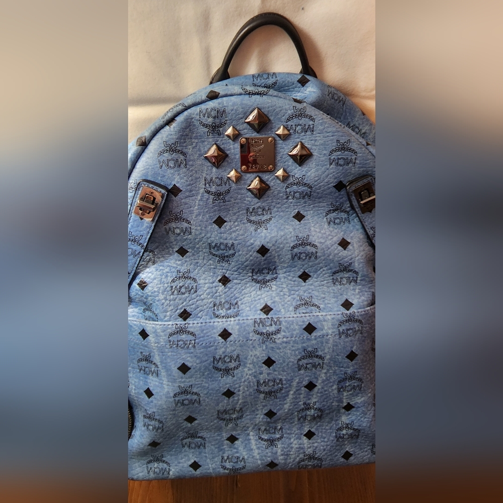 MCM Sky Blue Stark Studded Backpack in Visetos - Picture 10 of 17